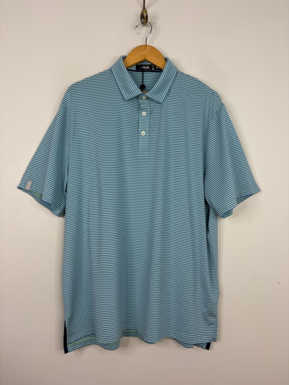 New RLX Ralph Lauren Polo Shirt Mens XL Green Blue Stripe Performance Golf
